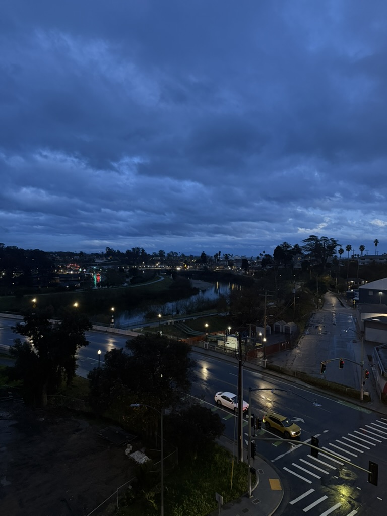 Santa Cruz at dusk, looking down on the city from the hill